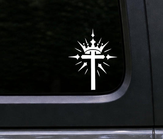 Crowned cross Christian vinyl decal on a vehicle riser
