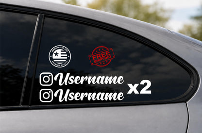 Custom social media username decals on a car window, set of two