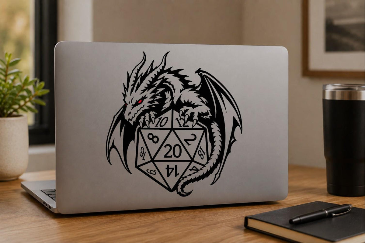 Dragon wrapped around a D20 dice vinyl decal on a laptop