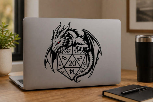 Dragon wrapped around a D20 dice vinyl decal on a laptop