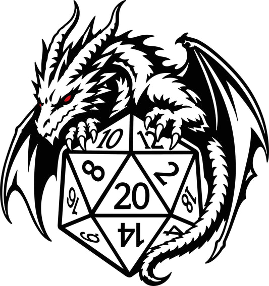 Dragon and 20-sided dice fantasy decal design