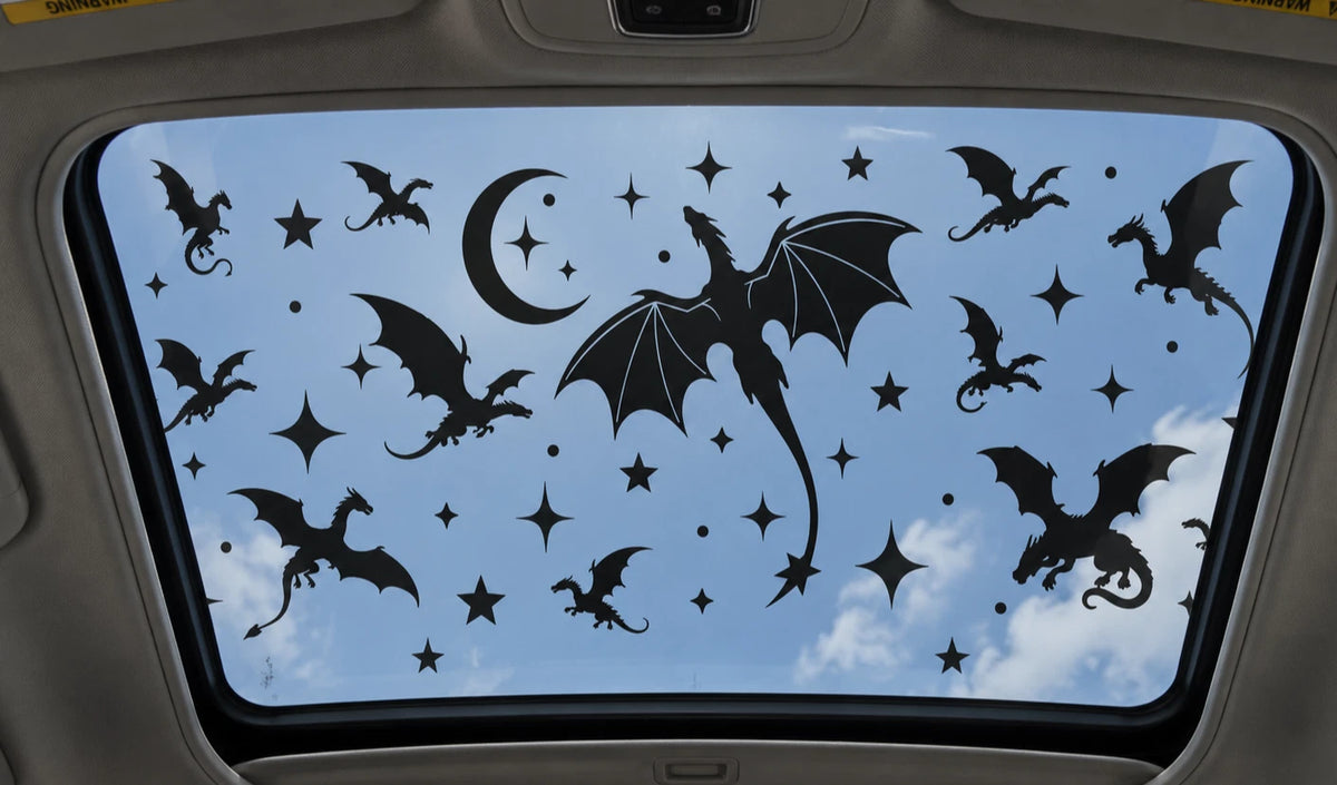 Dragons moons and stars sunroof decal installed on a car moonroof