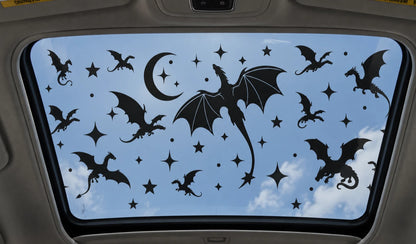 Dragons moons and stars sunroof decal installed on a car moonroof