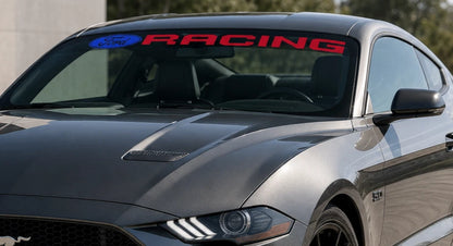 Ford Racing windshield banner installed on a Mustang