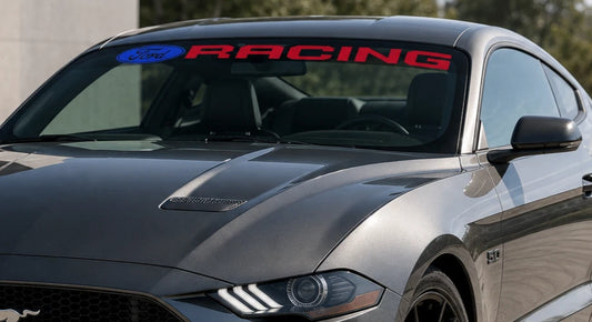Ford Racing windshield banner installed on a Mustang