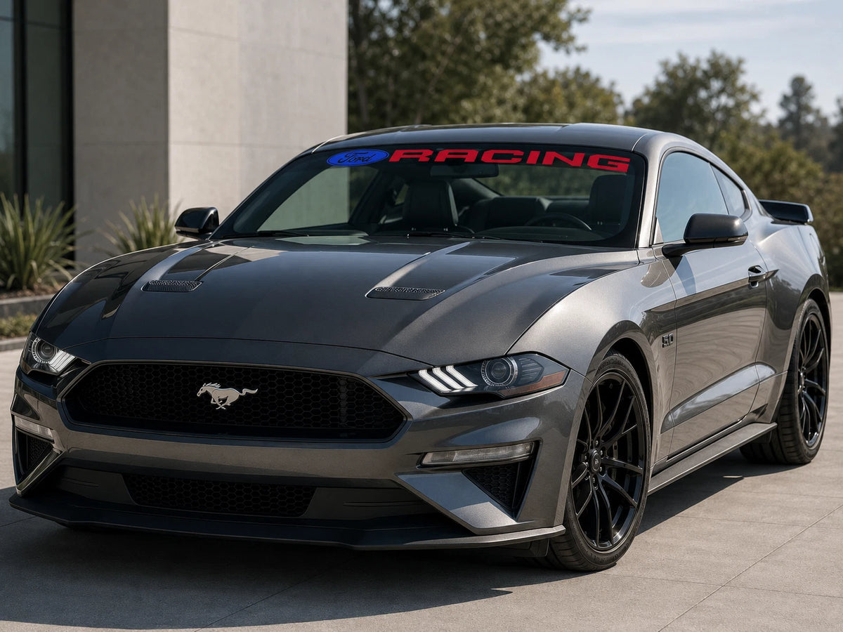 Ford Racing vinyl decal installed on a car hood