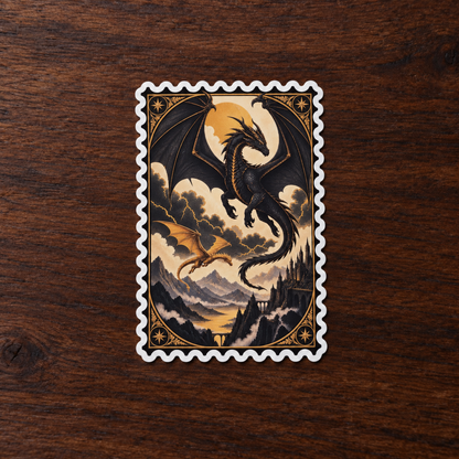 Black and golden dragons above a mountain castle, framed by a white scalloped stamp border on a dark wood table.