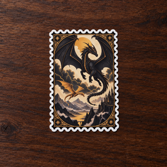 Black and golden dragons above a mountain castle, framed by a white scalloped stamp border on a dark wood table.