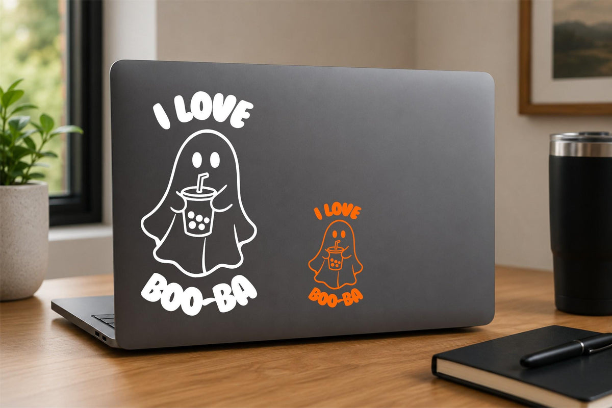 I Love Boo-Ba ghost boba tea vinyl decal on a laptop