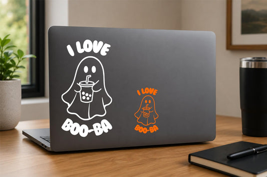 I Love Boo-Ba ghost boba tea vinyl decal on a laptop