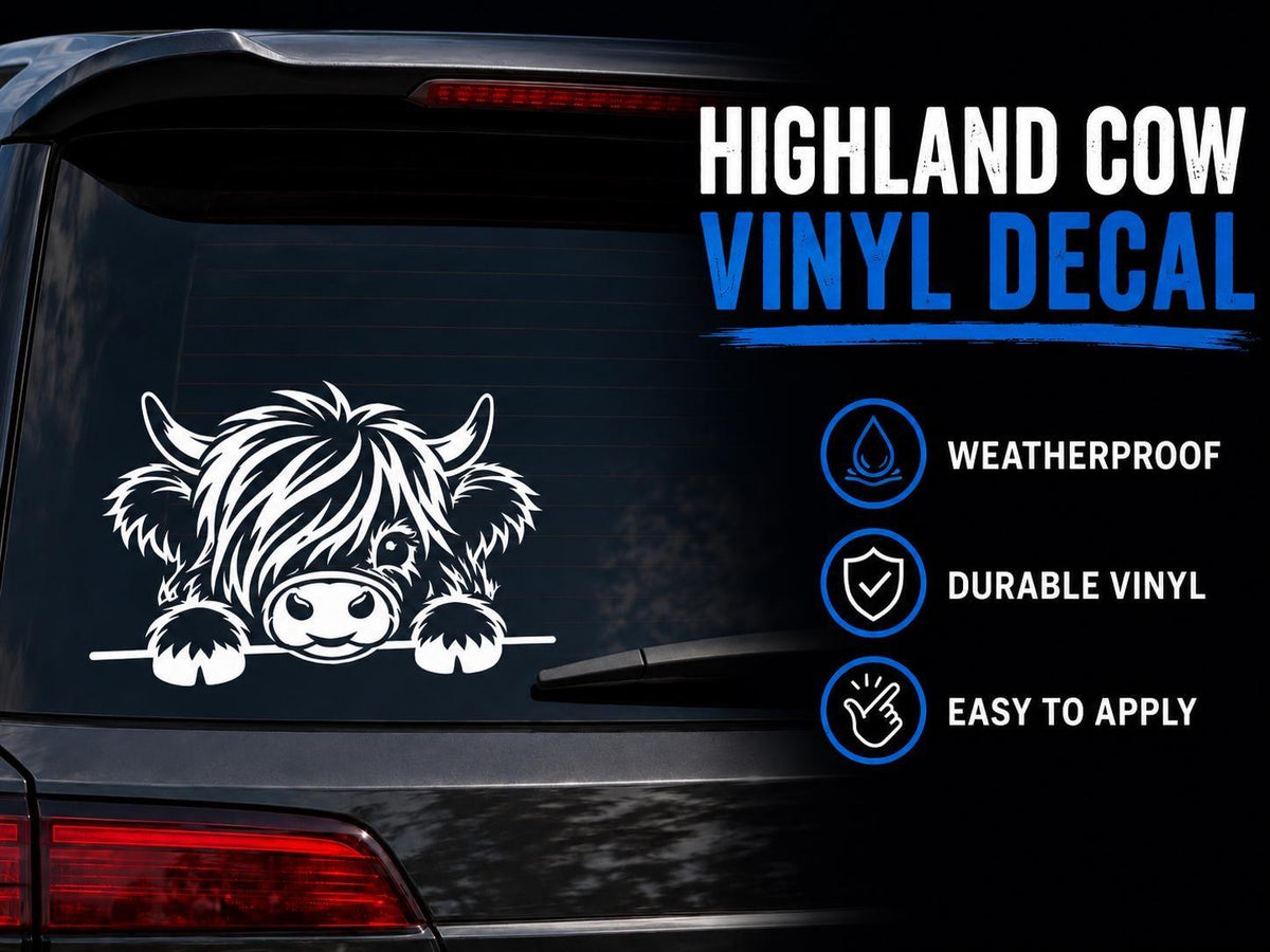 Highland cow peeking car window vinyl decal