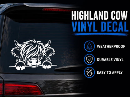 Highland cow peeking car window vinyl decal