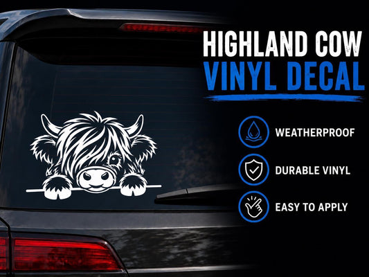 Highland cow peeking car window vinyl decal