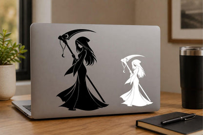 Reaper girl vinyl decal on a laptop