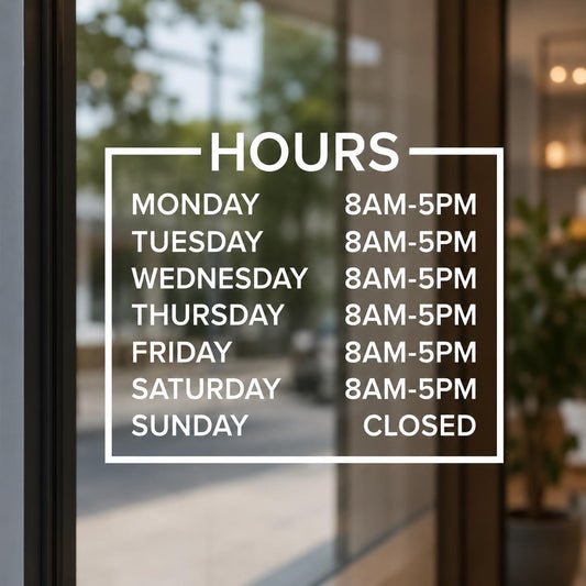 Custom store hours vinyl decal on a glass business door