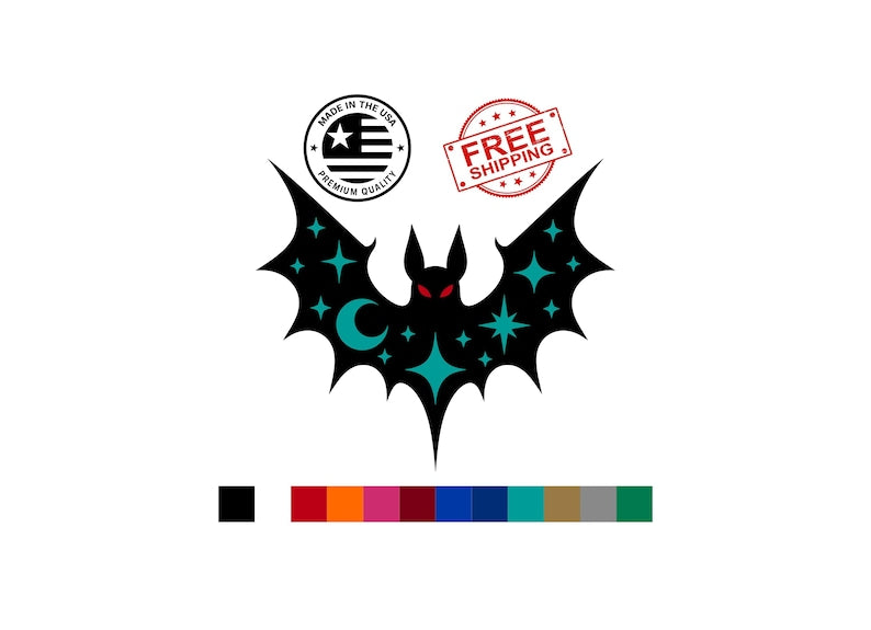 Layered multicolor celestial bat vinyl decal with moon and stars