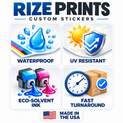 Rize Prints sticker information graphic showing waterproof, UV resistant, eco-solvent ink, fast turnaround and made in the USA.