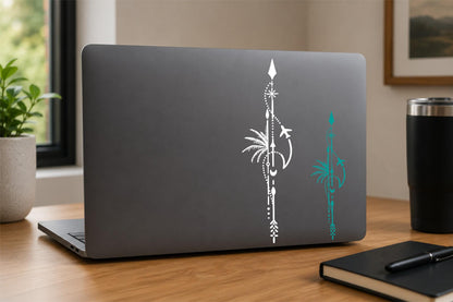 Travel arrow beach vinyl decal on a laptop