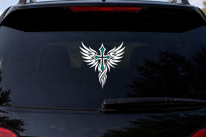 Winged cross Christian vinyl decal on a car window