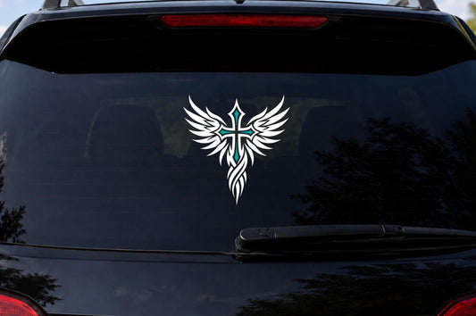 Winged cross Christian vinyl decal on a car window